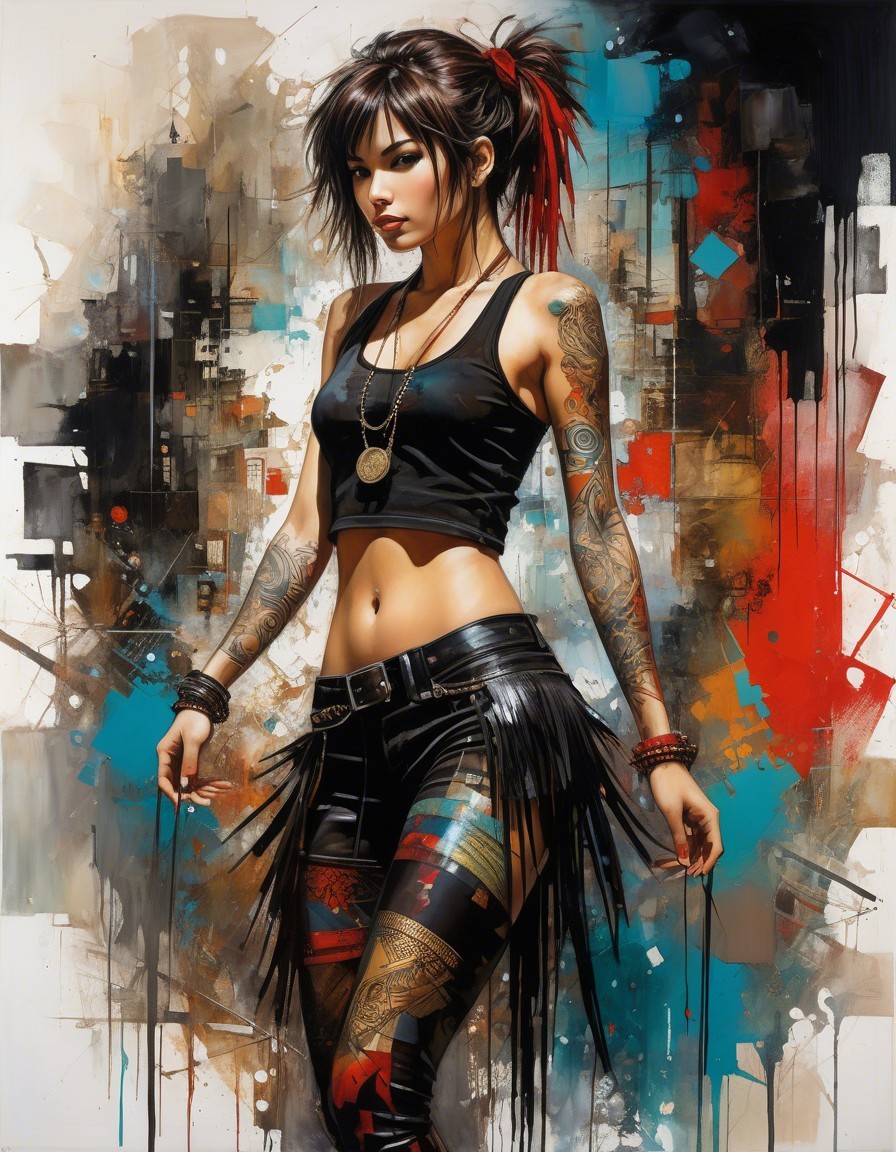 Young woman in black tank top with colorful tattoos