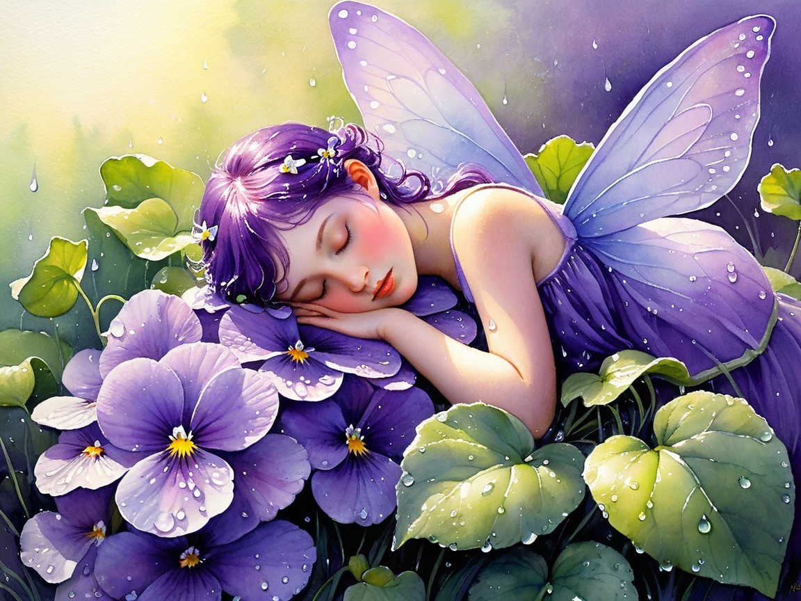 Serene fairy resting on purple flowers with wings