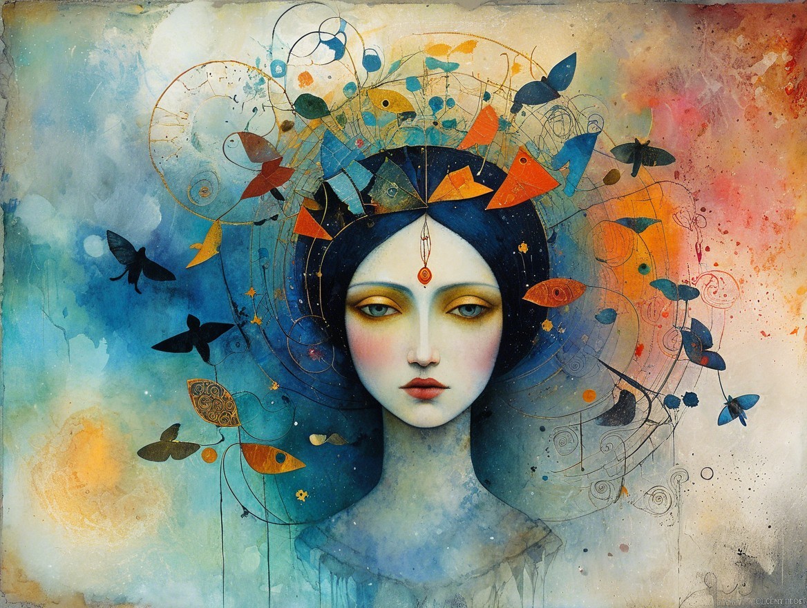 Ethereal Female Figure with Butterflies and Colorful Swirls