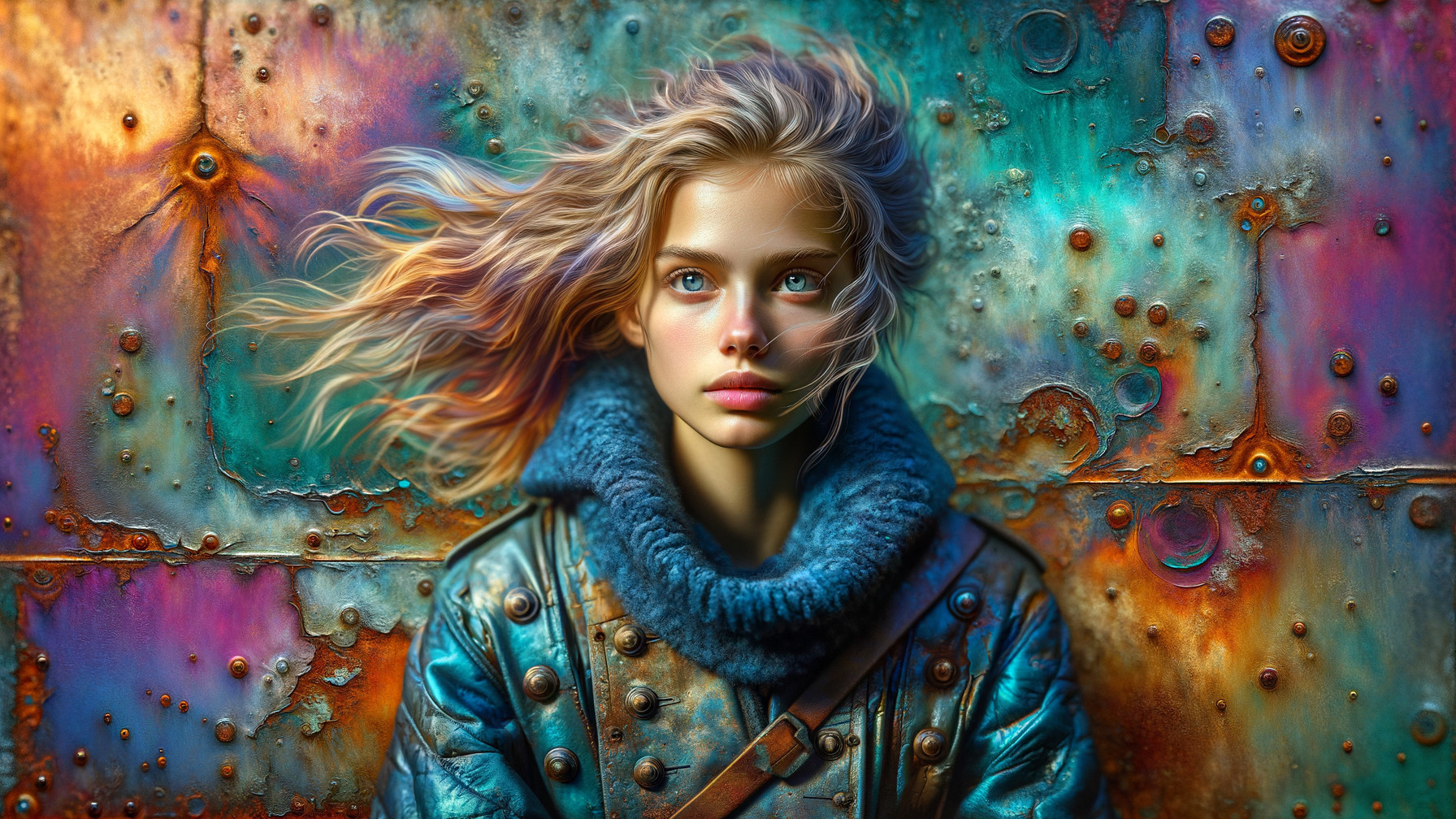 Young Woman in Blue Sweater with Colorful Background