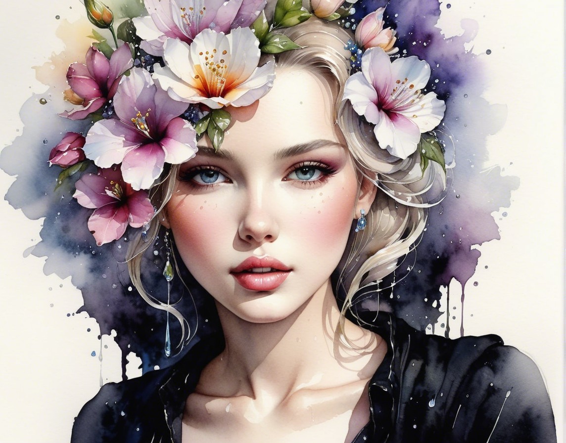 Portrait of a woman with flowers and watercolor background
