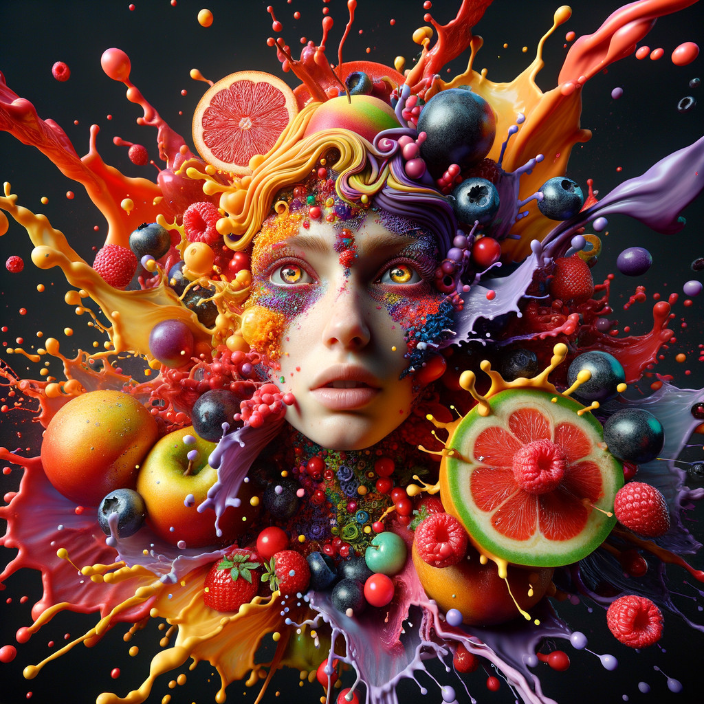 Surreal Sculpture of Human Face with Colorful Juices