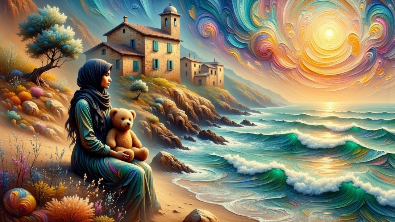 Coastal Scene with Woman, Teddy Bear, and Vibrant Nature