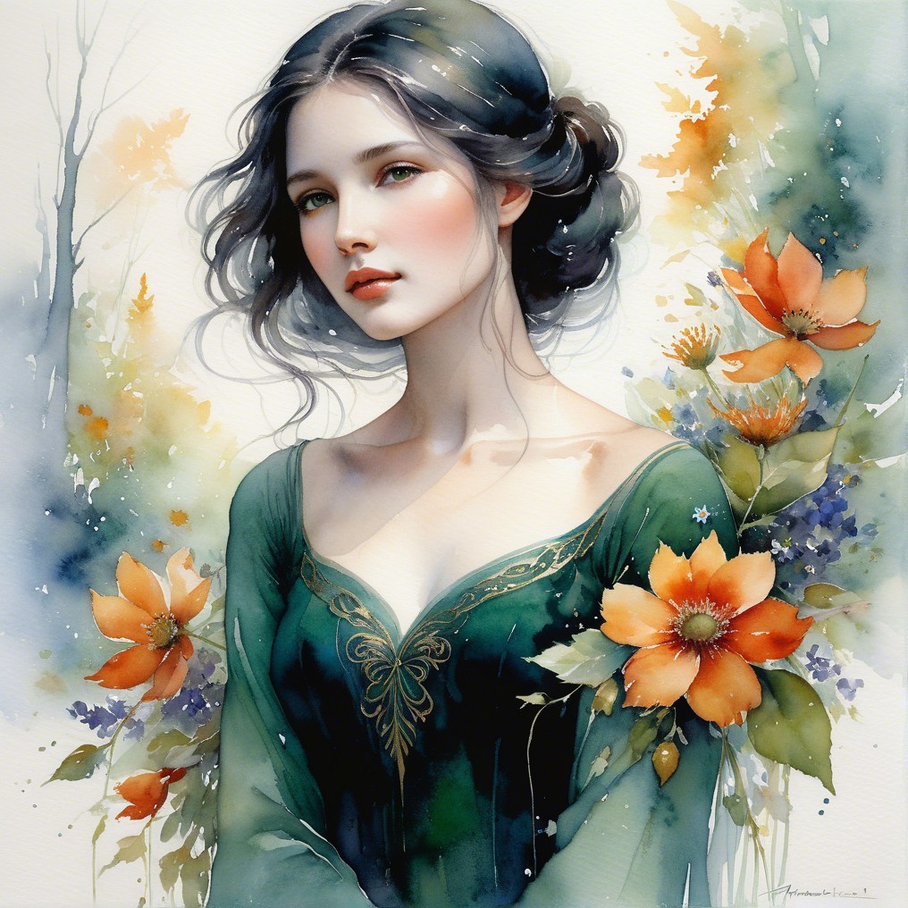 Young woman in green dress with flowers and foliage