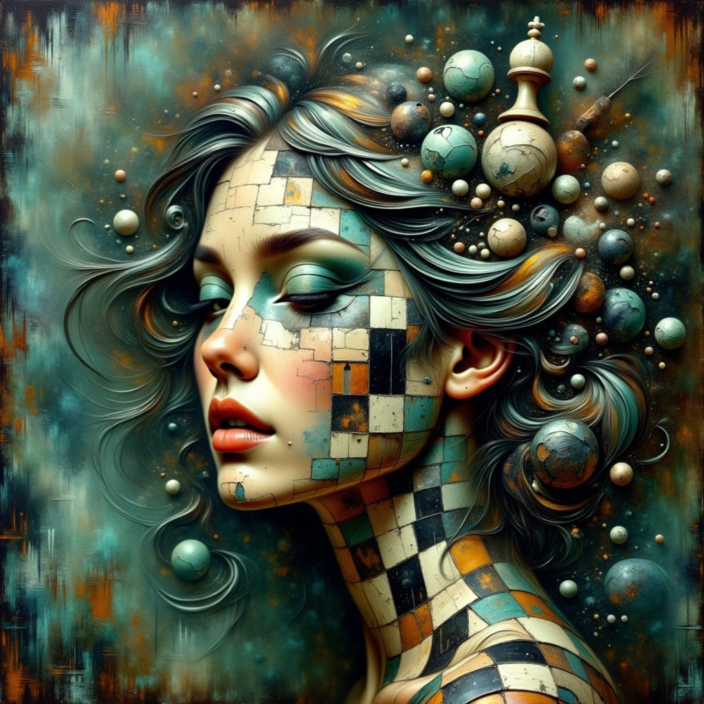 Surreal Female Figure in Colorful Mosaic Tiles