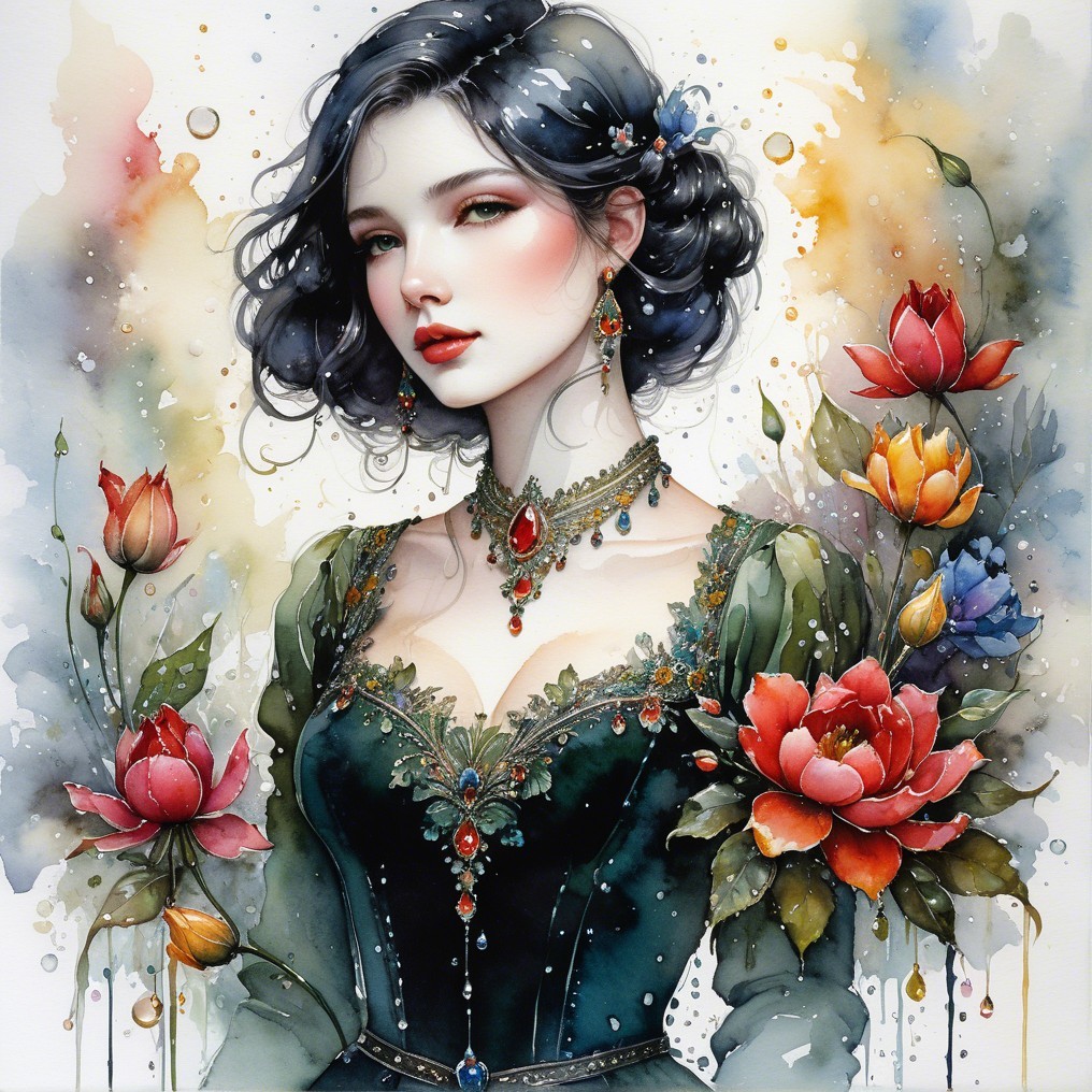 Elegant girl in dark green gown with floral backdrop