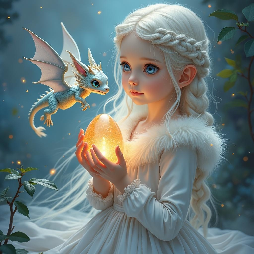 Mystical Forest Scene with Girl and Dragon by Egg