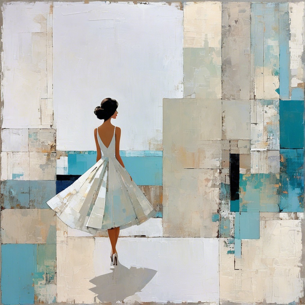 Graceful Woman in White Dress with Abstract Background