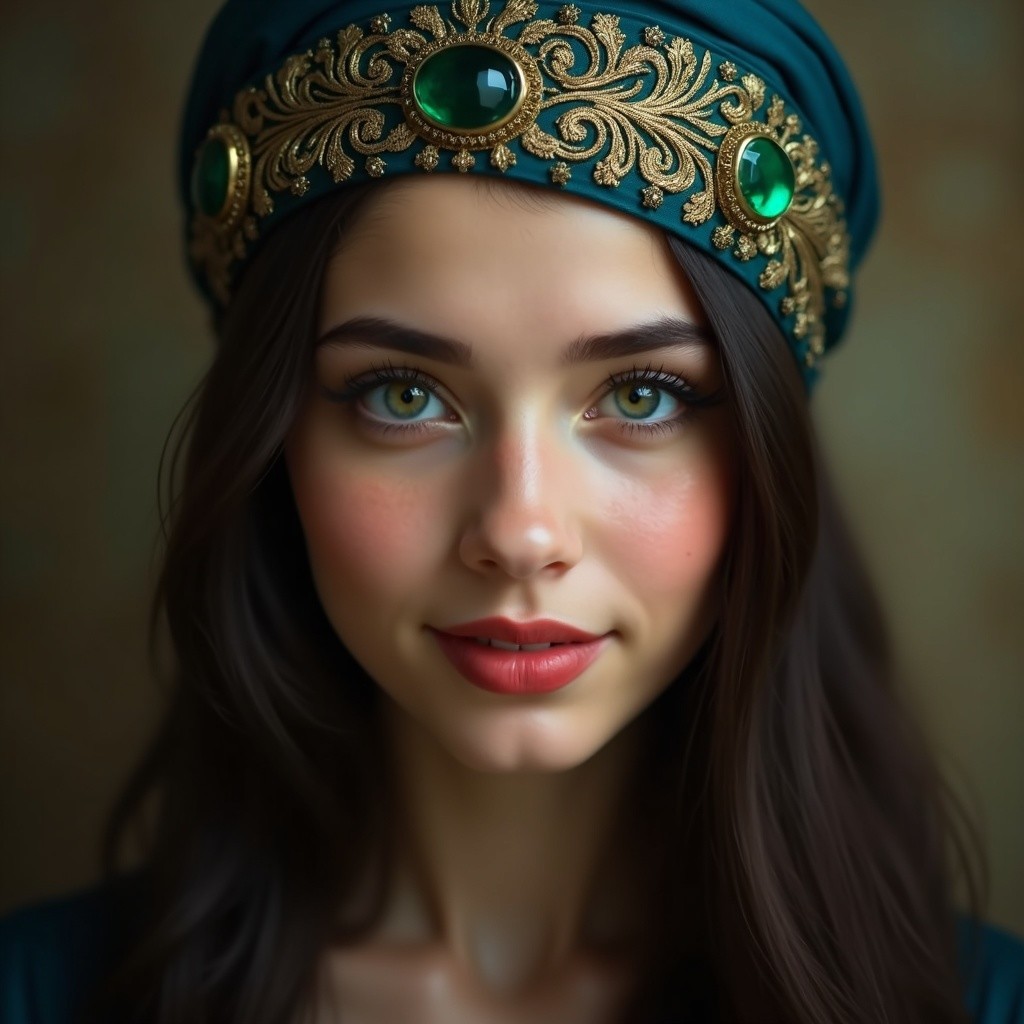 Young Woman with Green Eyes and Ornate Headdress