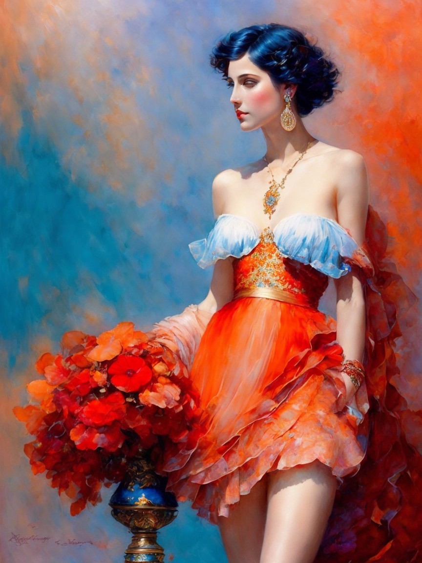 Glamorous figure in vibrant orange dress with bouquet