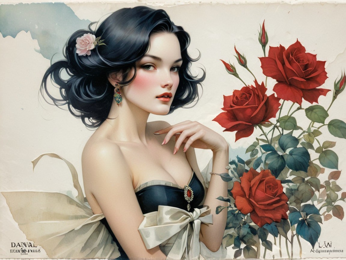 Elegant Portrait of Young Woman with Flowers and Roses