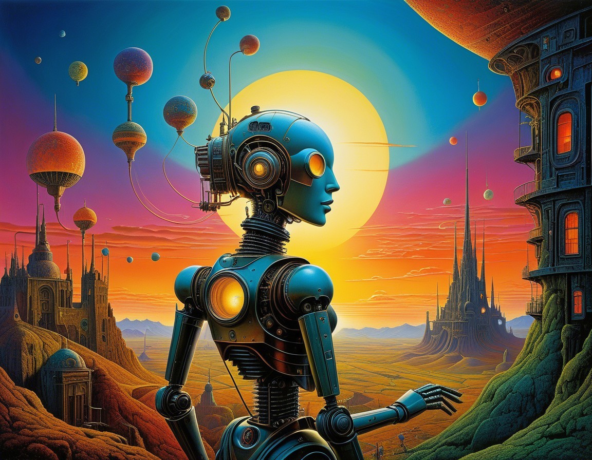 Futuristic Robot in Surreal Sunset Landscape