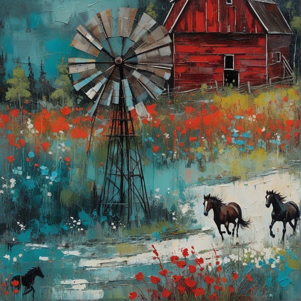 Vibrant Rural Scene with Barn, Horses, and Windmill