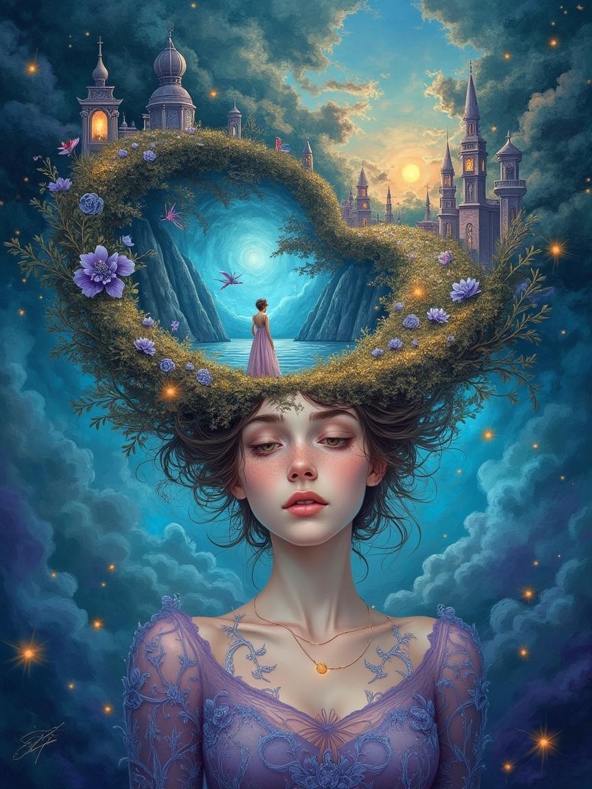 Dreamy Landscape in Heart Frame with Serene Figure