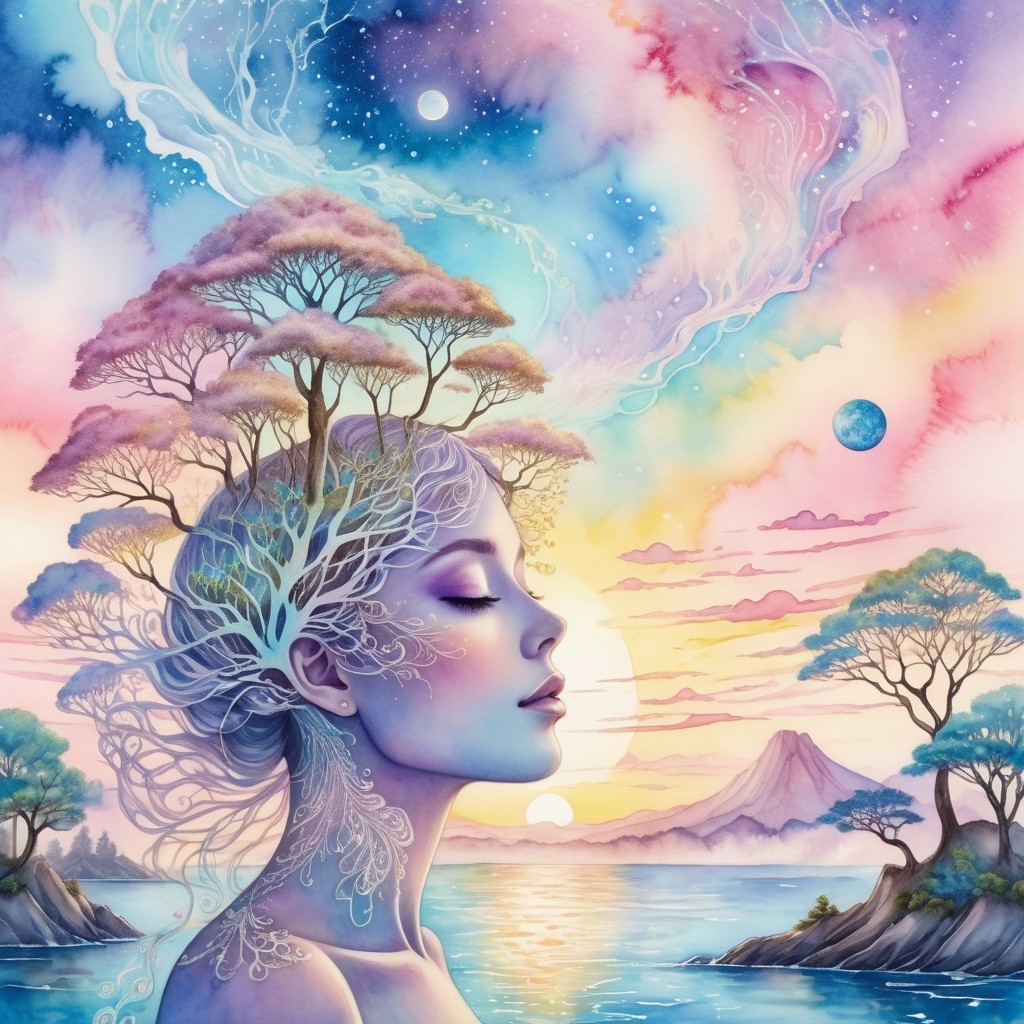 Woman with Hair as Trees Against Pastel Sky