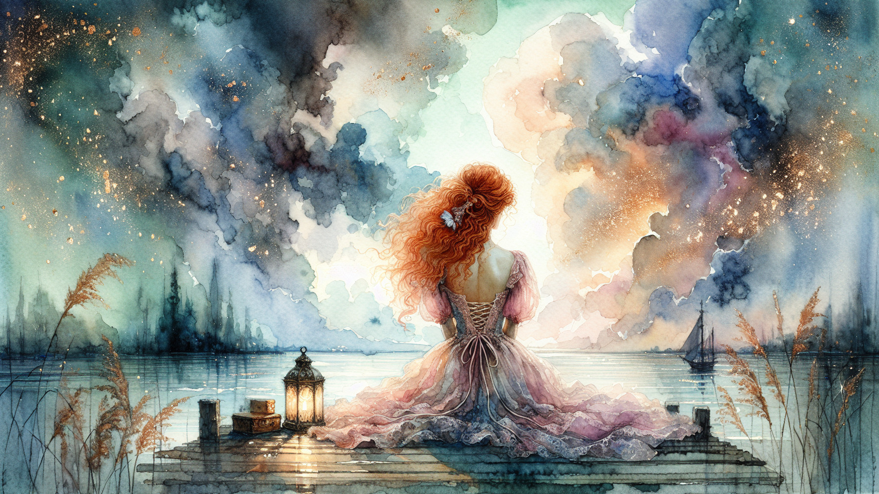 Watercolor Scene of Woman by Twilight Lake