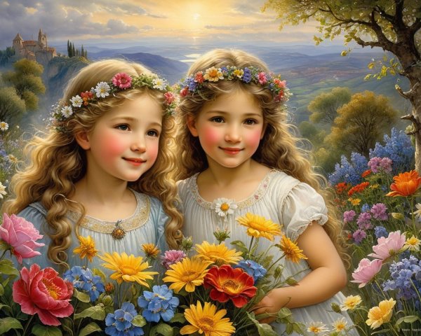 Joyful Girls in Floral Crowns in a Colorful Landscape