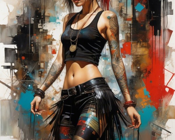 Young woman in black tank top with colorful tattoos