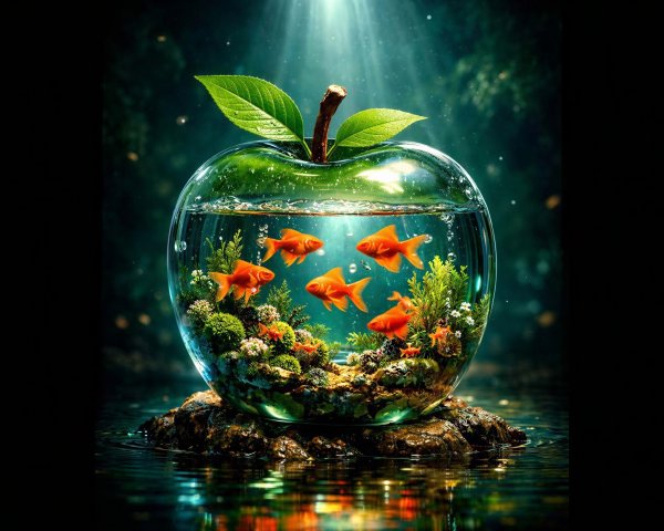 Photorealistic Apple-Shaped Glass Aquarium with Goldfish