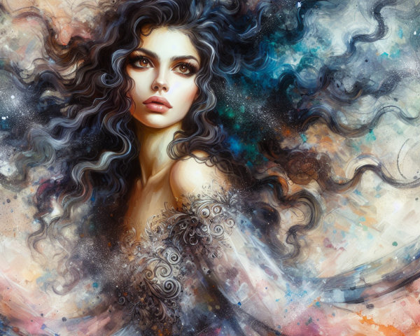 Portrait of a Woman with Dark Hair and Colorful Background