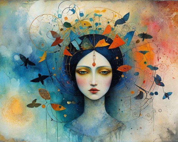 Ethereal Female Figure with Butterflies and Colorful Swirls