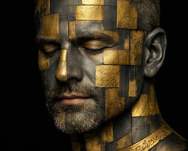 Close-up portrait of a man with mosaic face paint