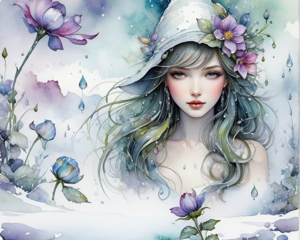 Whimsical Portrait of a Young Woman with Flowers