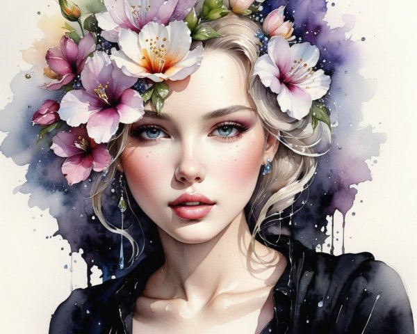 Portrait of a woman with flowers and watercolor background