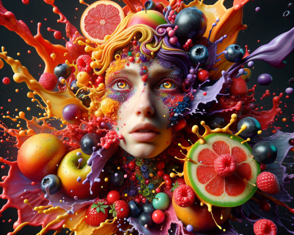 Surreal Sculpture of Human Face with Colorful Juices