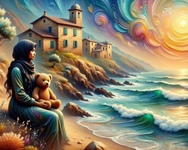 Coastal Scene with Woman, Teddy Bear, and Vibrant Nature