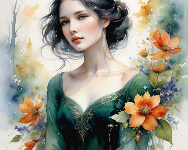 Young woman in green dress with flowers and foliage