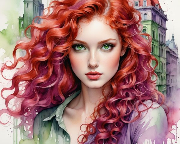 Vibrant Woman with Curly Red Hair and Green Eyes