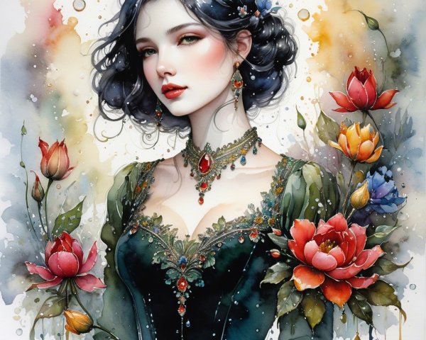 Elegant girl in dark green gown with floral backdrop