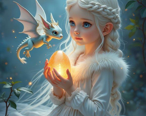 Mystical Forest Scene with Girl and Dragon by Egg