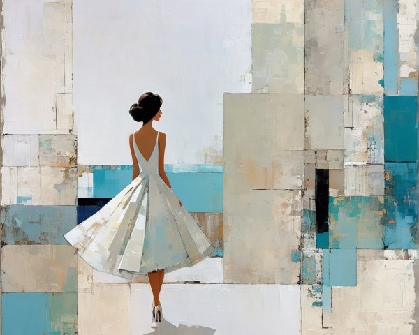 Graceful Woman in White Dress with Abstract Background