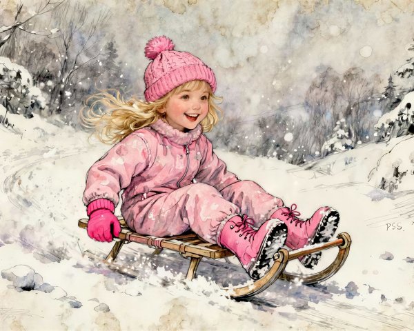 Watercolor painting of a girl sledding in snow