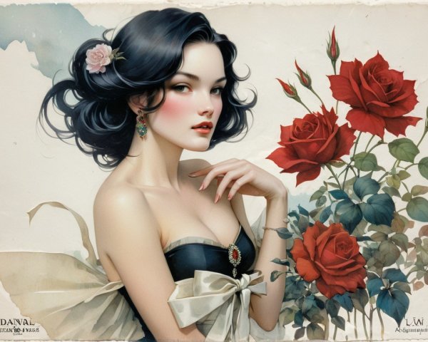 Elegant Portrait of Young Woman with Flowers and Roses