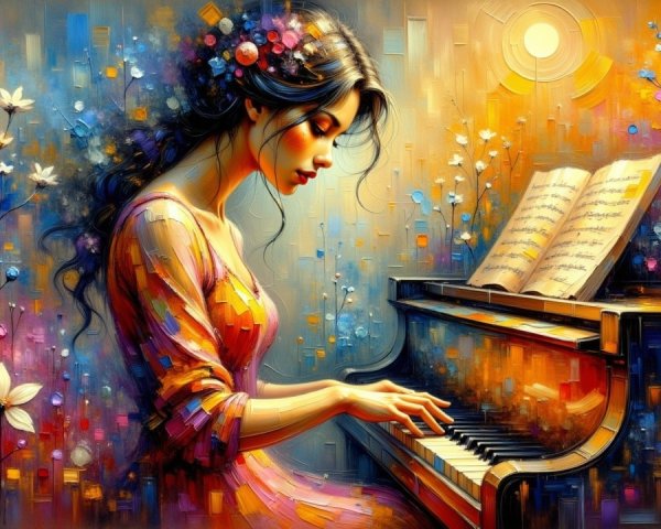Serene Woman Playing Grand Piano in Colorful Setting