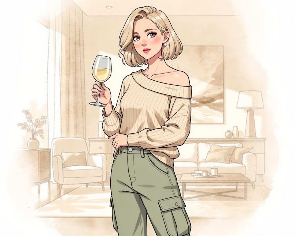 Blonde Woman in Anime Style Holding Wine in Living Room