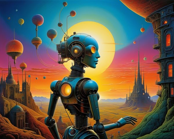 Futuristic Robot in Surreal Sunset Landscape