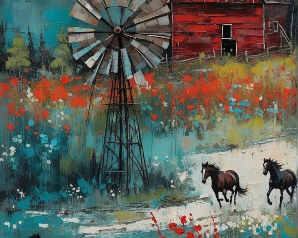 Vibrant Rural Scene with Barn, Horses, and Windmill