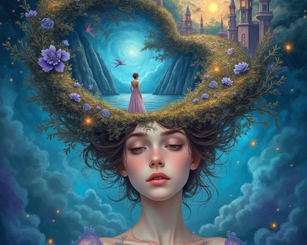 Dreamy Landscape in Heart Frame with Serene Figure