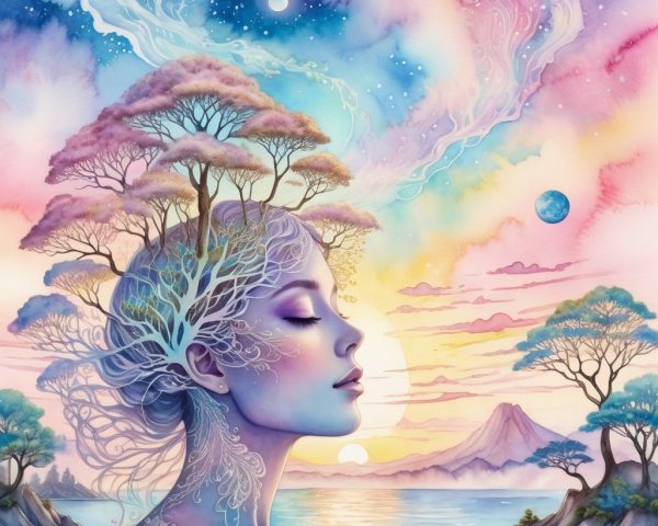 Woman with Hair as Trees Against Pastel Sky