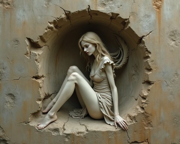 Ethereal figure in a circular opening on a wall