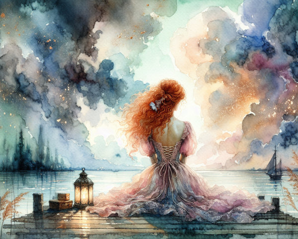 Watercolor Scene of Woman by Twilight Lake