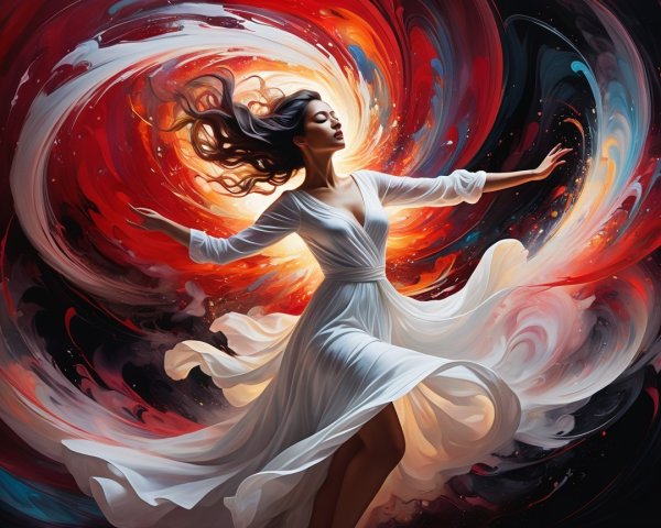 Graceful woman in white dress dances in cosmic swirl