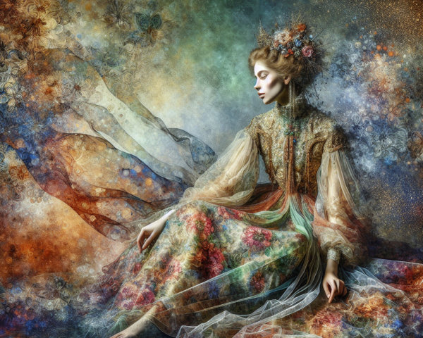 Elegant figure in floral gown in dreamlike setting