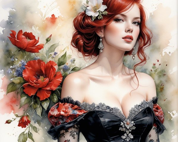 Elegant Woman with Red Hair and Black Lace Dress