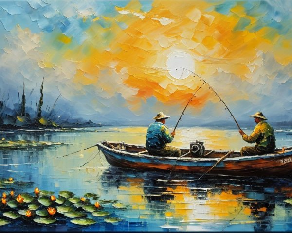 Sunset Reflections of Fishermen on a Tranquil Lake