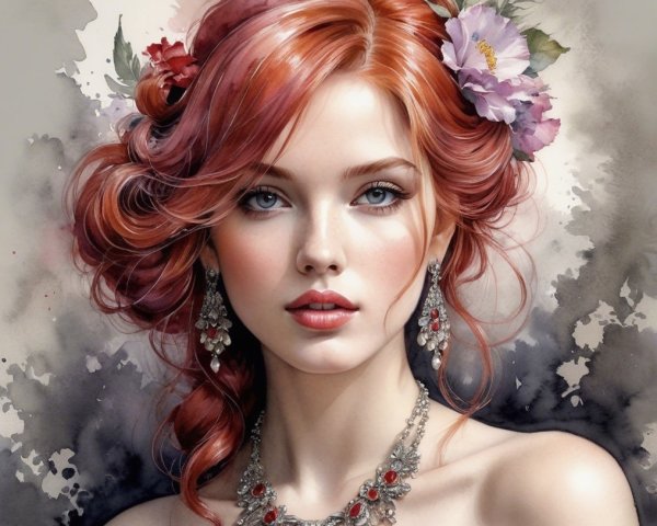 Young woman with red hair and floral accessories